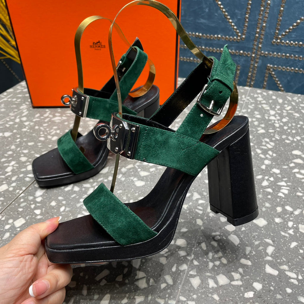 HERMES ILONA SANDAL 95 DARK GREEN SUEDE