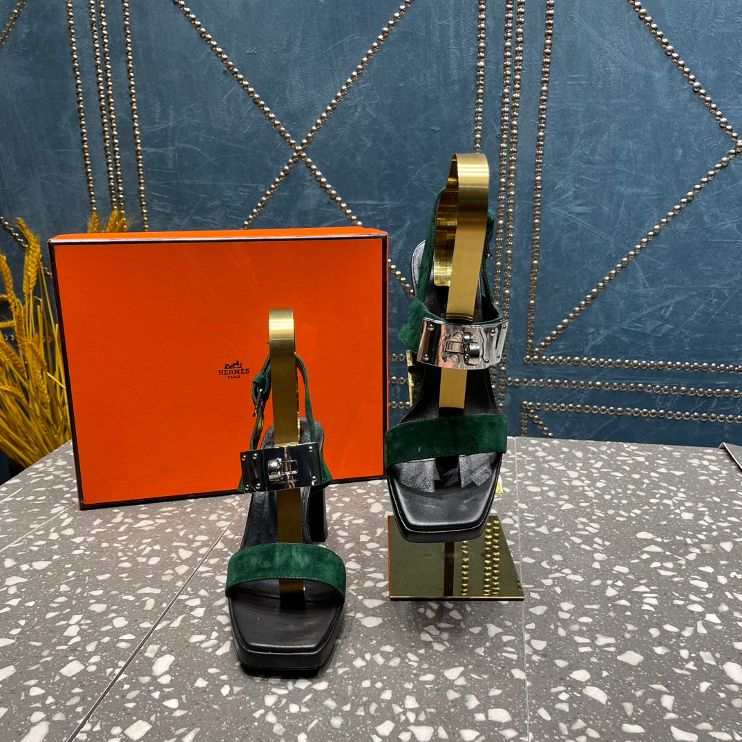 HERMES ILONA SANDAL 95 DARK GREEN SUEDE