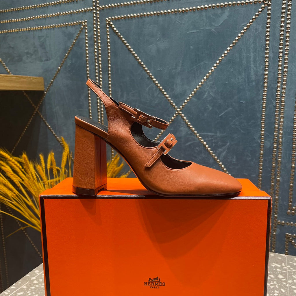 HERMES JACKIE 80 MM PUMP IN UMBER BROWN CALFSKIN
