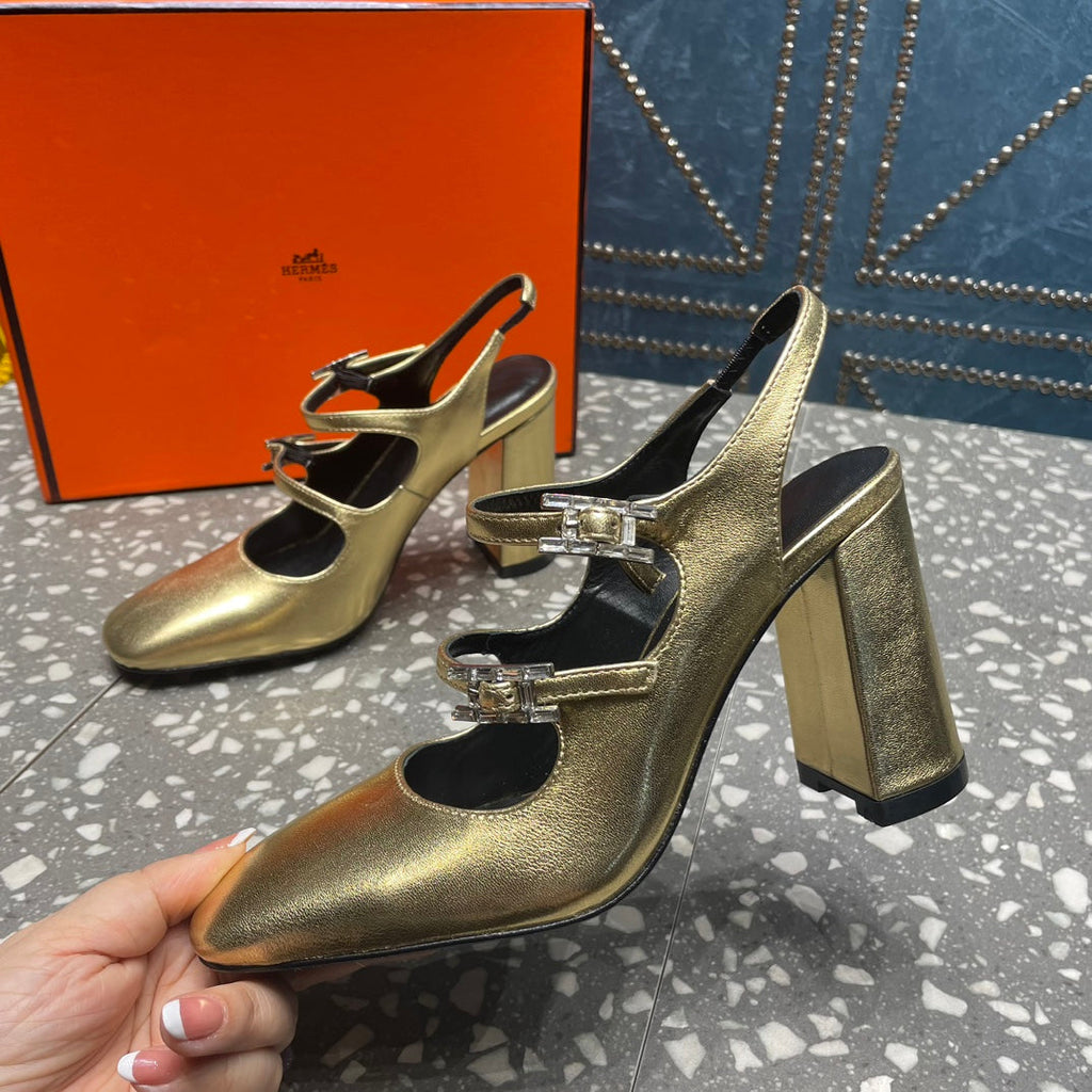 HERMES JACKIE 80 MM PUMP IN LIGHT GOLD CALFSKIN