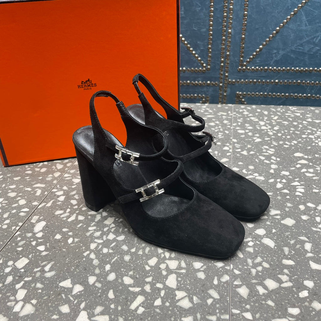 HERMES JACKIE 80 MM PUMP IN BLACK SUEDE