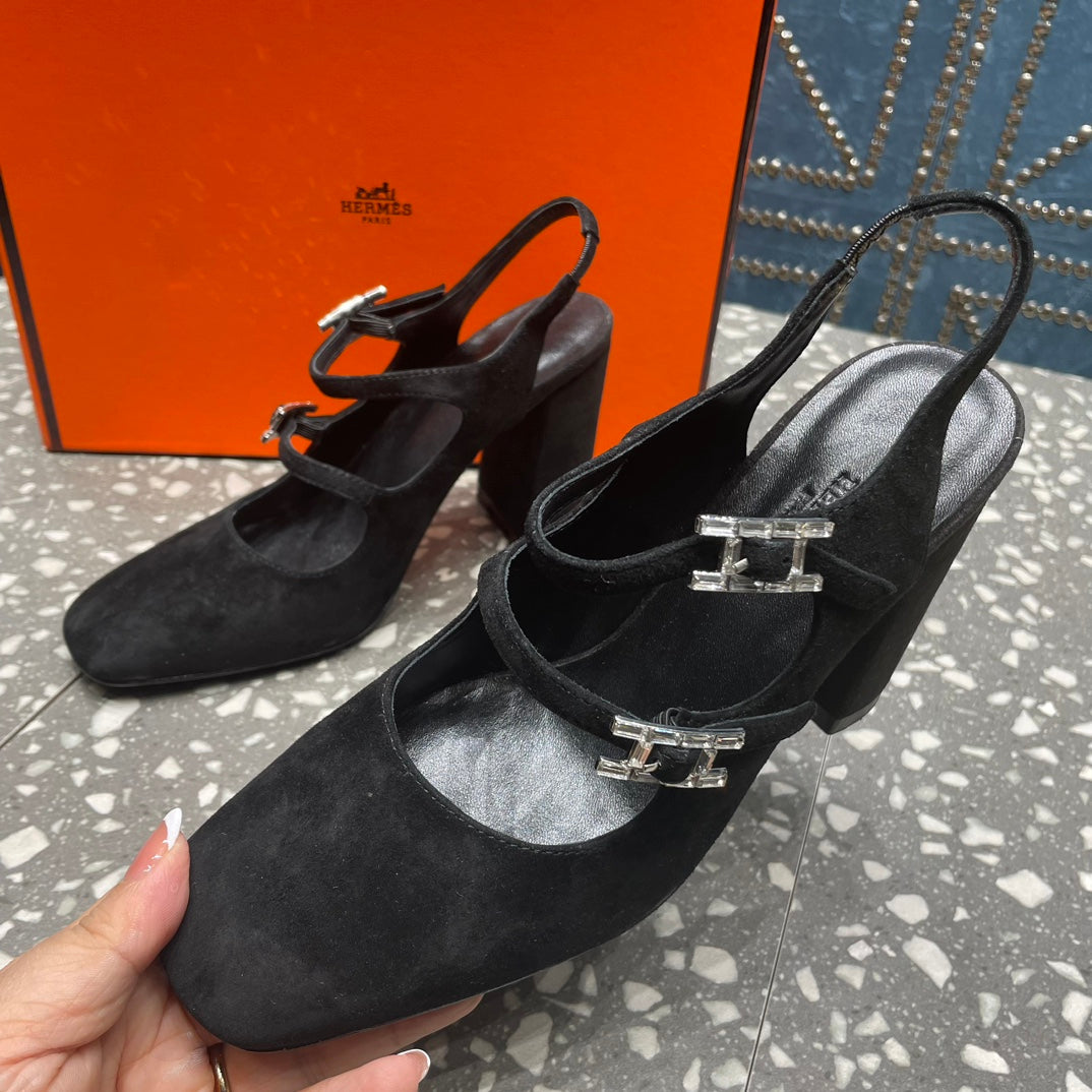HERMES JACKIE 80 MM PUMP IN BLACK SUEDE