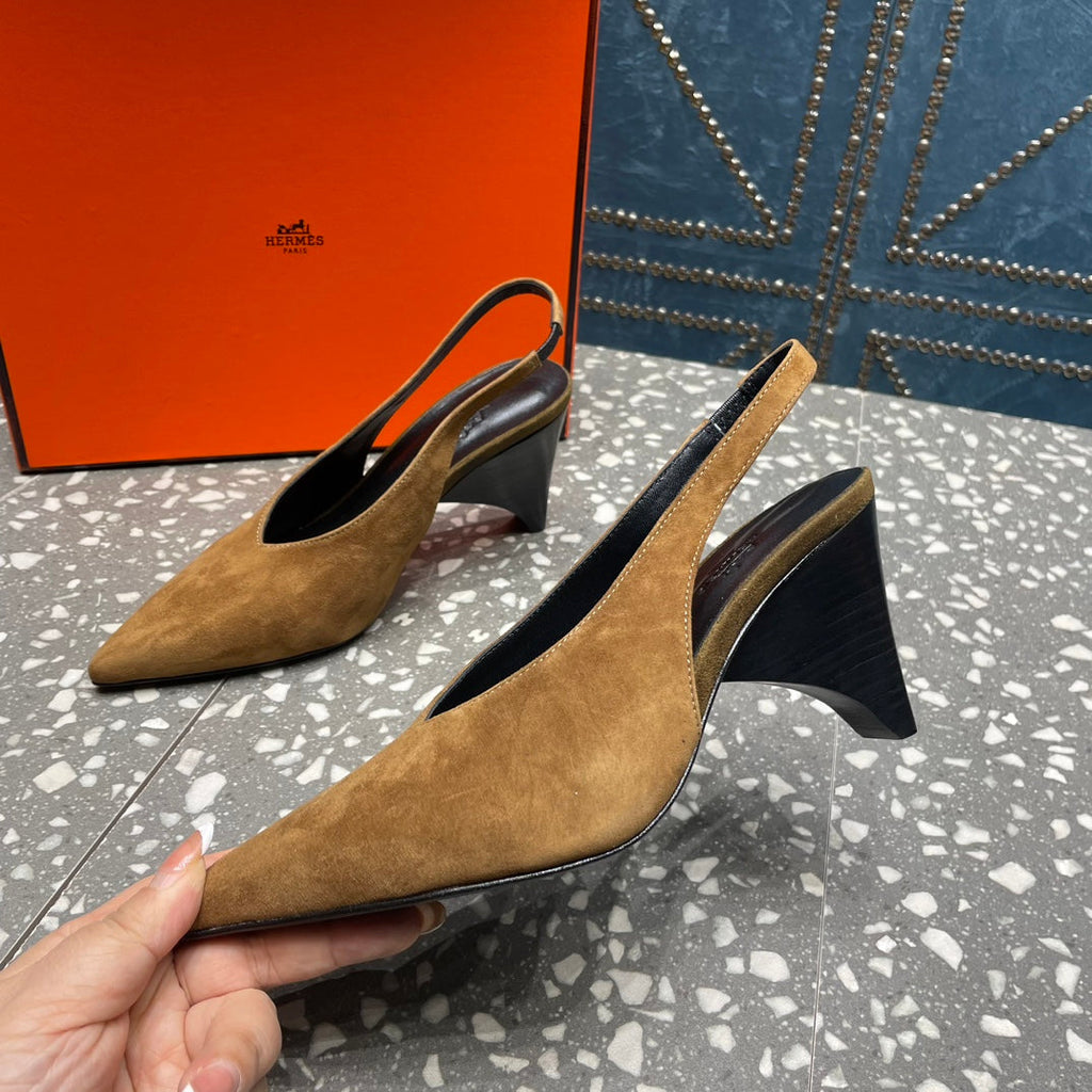 HERMES HIGH SLINGBACKS 7 CM IN CIDER BROWN SUEDE