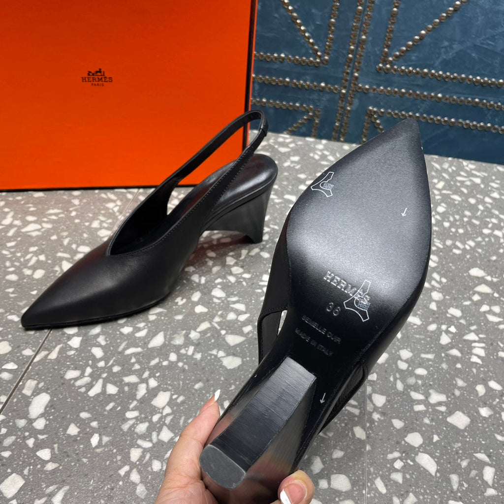 HERMES HIGH SLINGBACKS 7 CM IN BLACK SHEEPSKIN