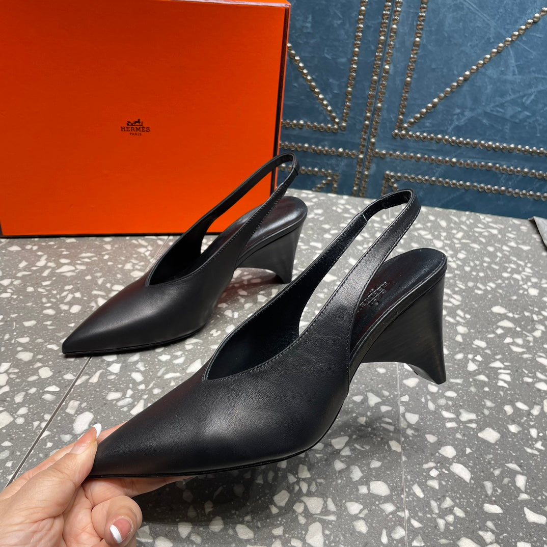 HERMES HIGH SLINGBACKS 7 CM IN BLACK SHEEPSKIN