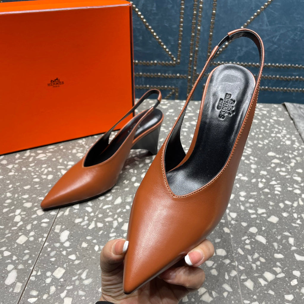 HERMES HIGH SLINGBACKS 7 CM IN UMBER BROWN SHEEPSKIN