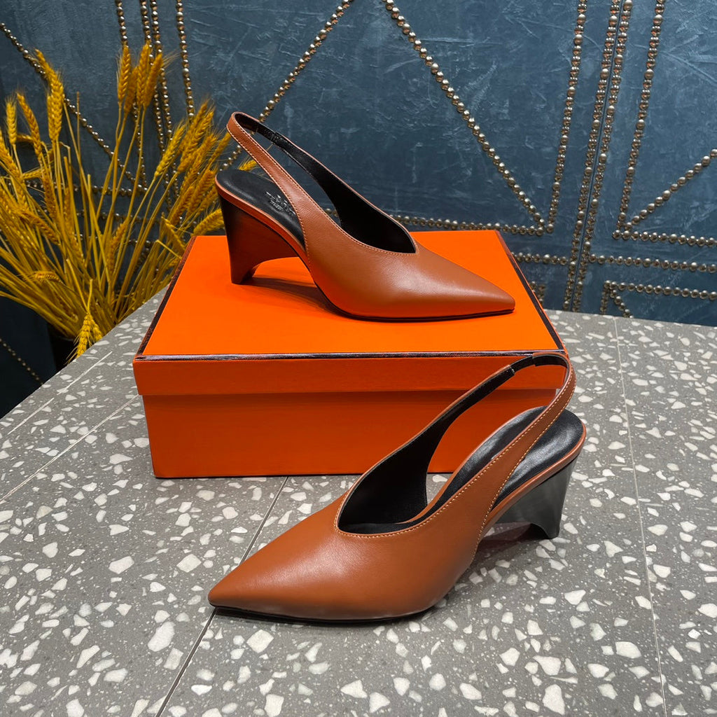 HERMES HIGH SLINGBACKS 7 CM IN UMBER BROWN SHEEPSKIN