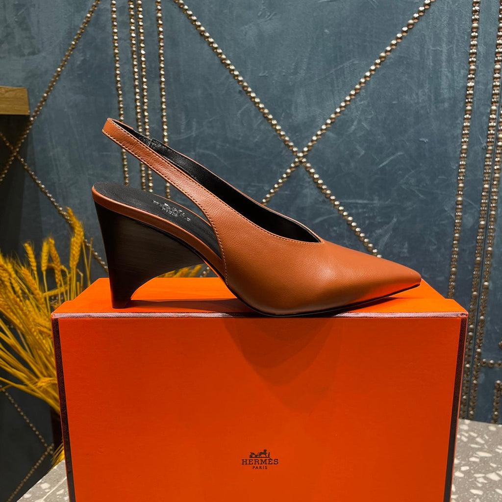 HERMES HIGH SLINGBACKS 7 CM IN UMBER BROWN SHEEPSKIN