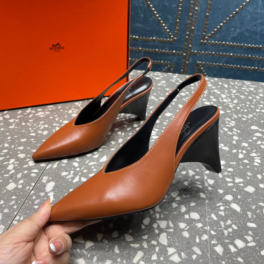 HERMES HIGH SLINGBACKS 7 CM IN UMBER BROWN SHEEPSKIN