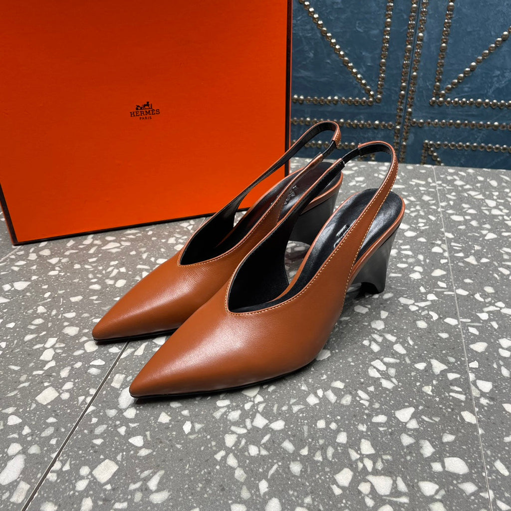 HERMES HIGH SLINGBACKS 7 CM IN UMBER BROWN SHEEPSKIN