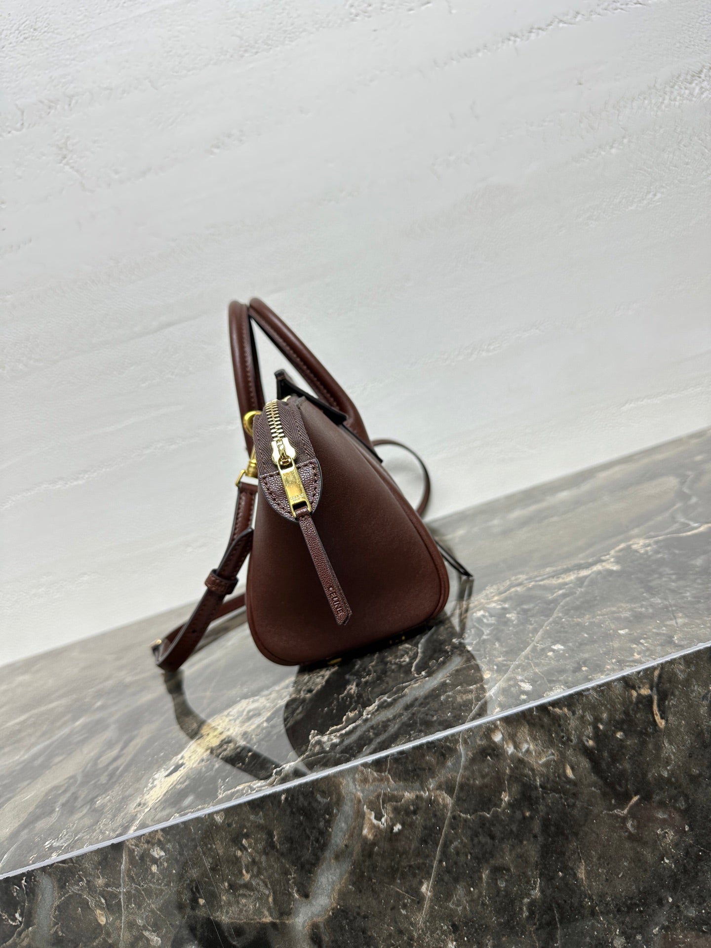 CELINE 25S NEW LUGGAGE 38MM IN CHOCOLATE BROWN  SHINY LAMBSKIN GOLD HARDWARE