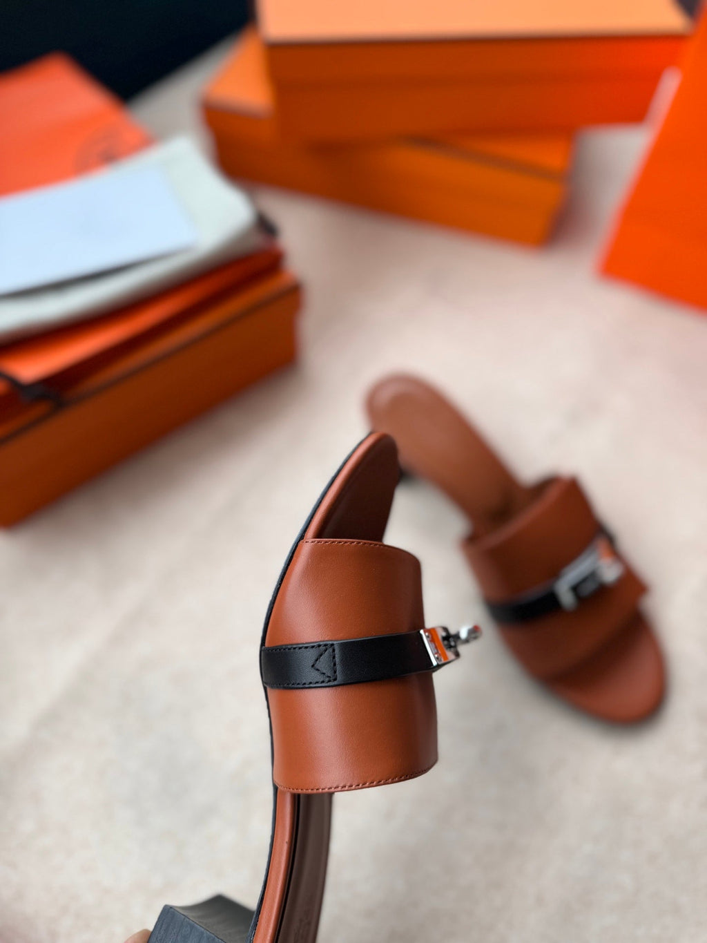 HERMES HIGH MULES IN BRONZE BROWN MIX BLACK CALFSKIN