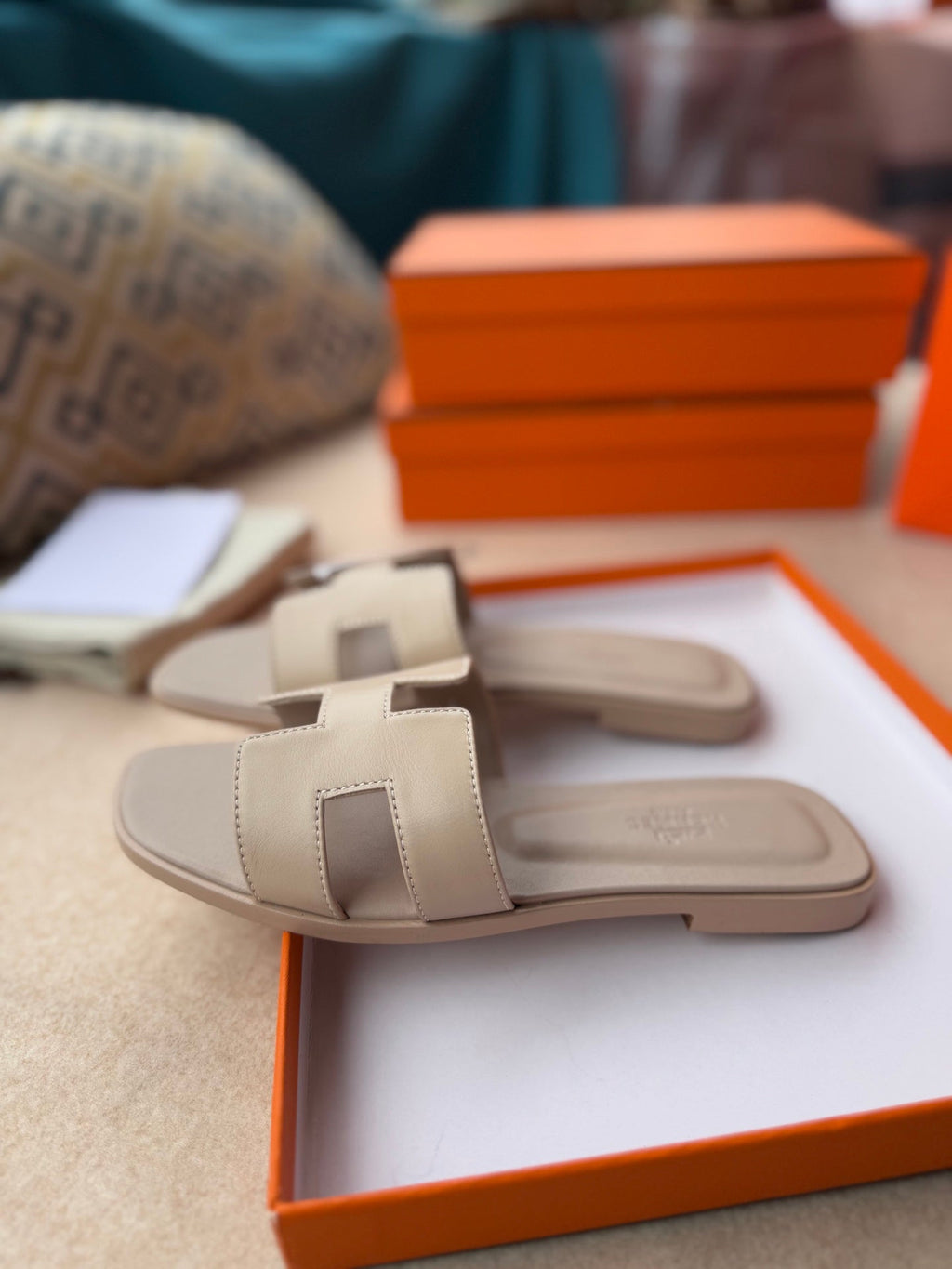 HERMES 0RAN SANDALS IN KHAKI BROWN CALFSKIN