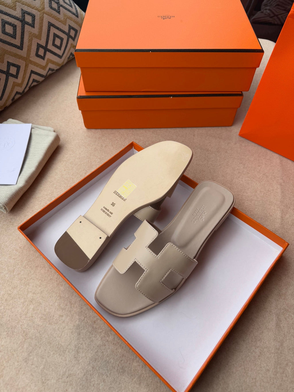 HERMES 0RAN SANDALS IN KHAKI BROWN CALFSKIN