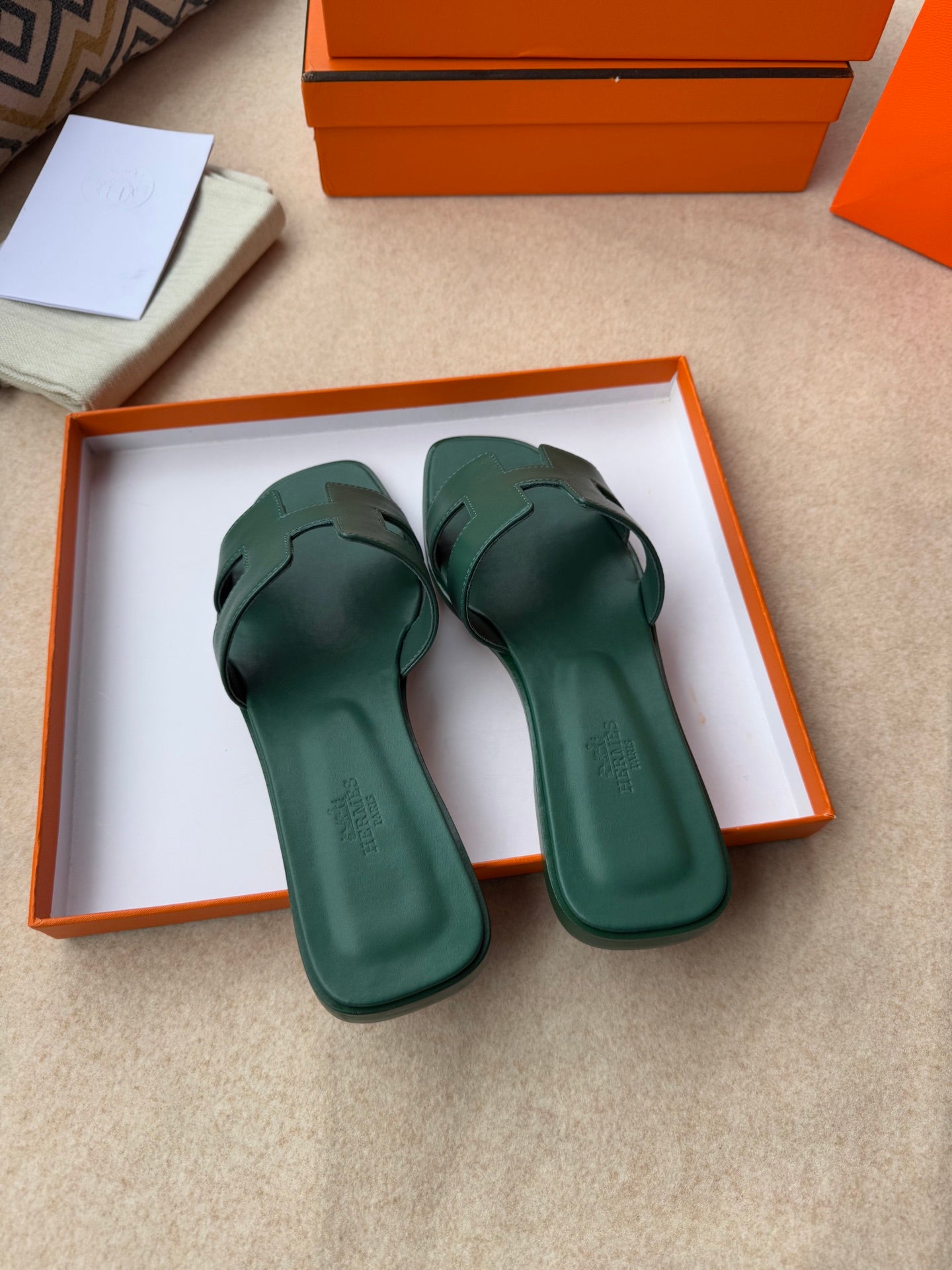 HERMES 0RAN SANDALS IN FOREST GREEN CALFSKIN