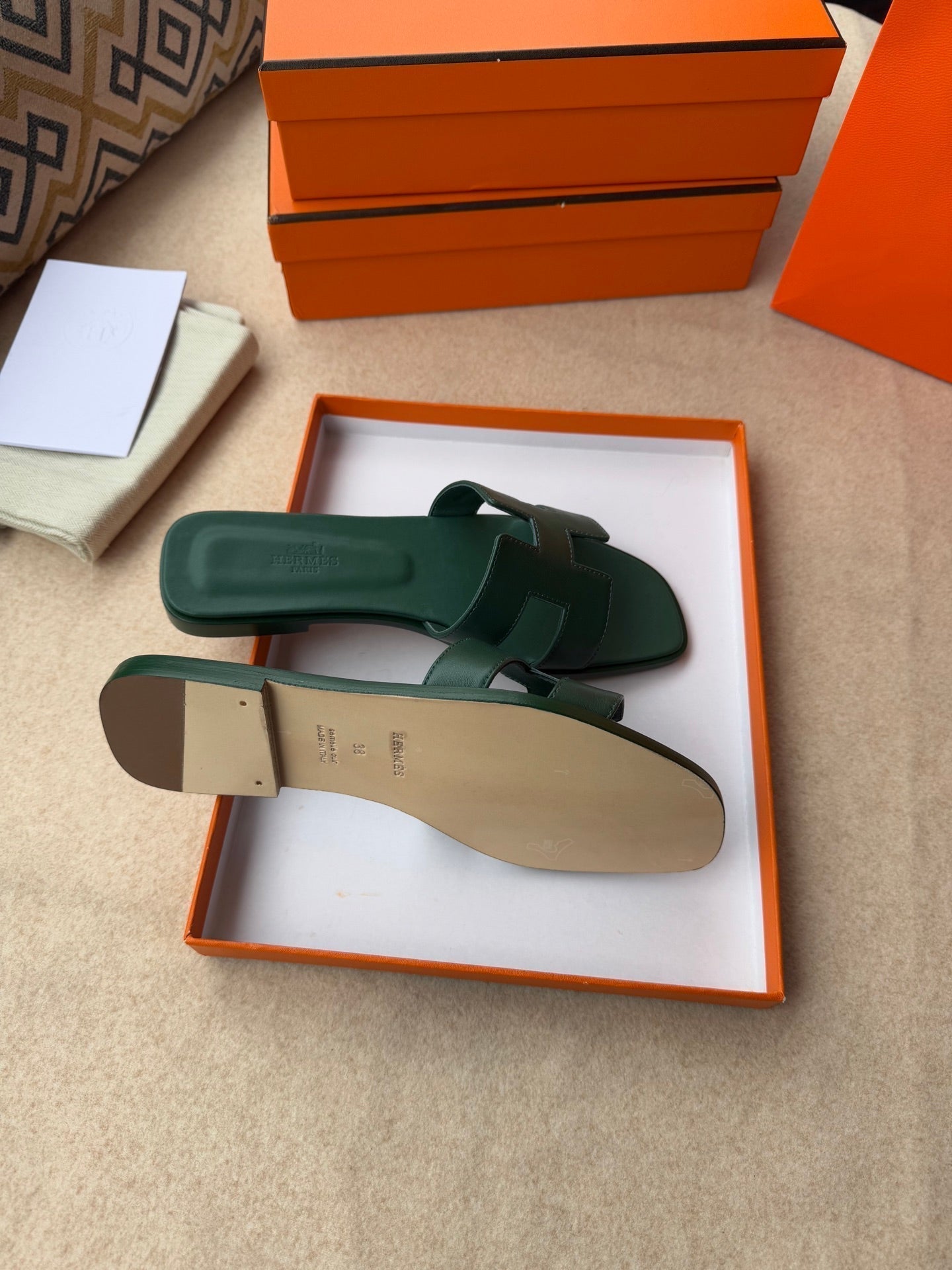 HERMES 0RAN SANDALS IN FOREST GREEN CALFSKIN