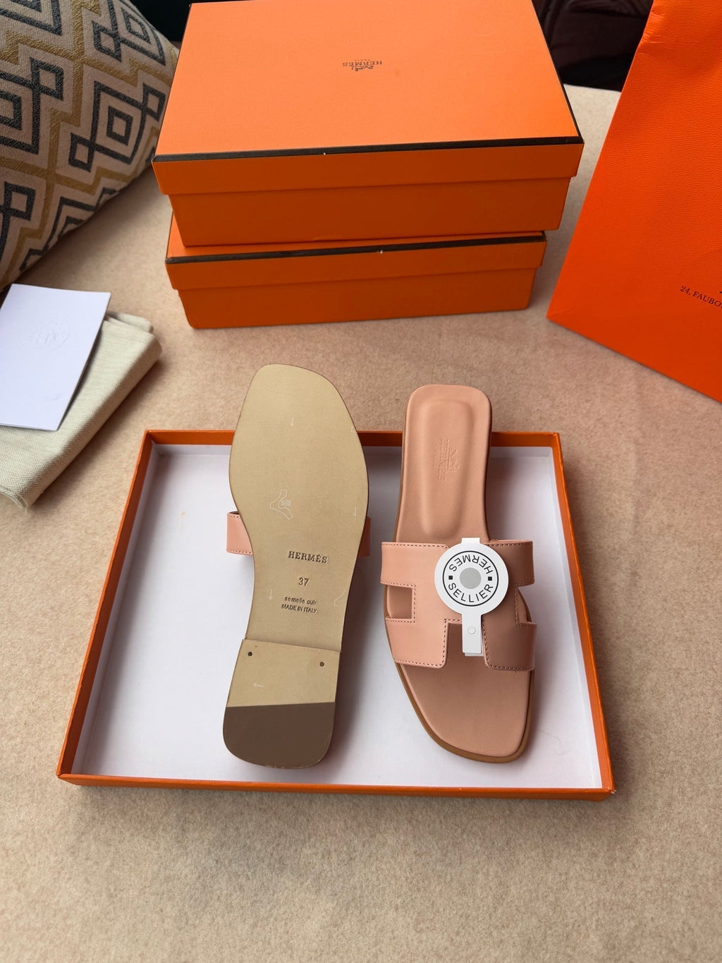 HERMES 0RAN SANDALS IN PEACH PINK CALFSKIN