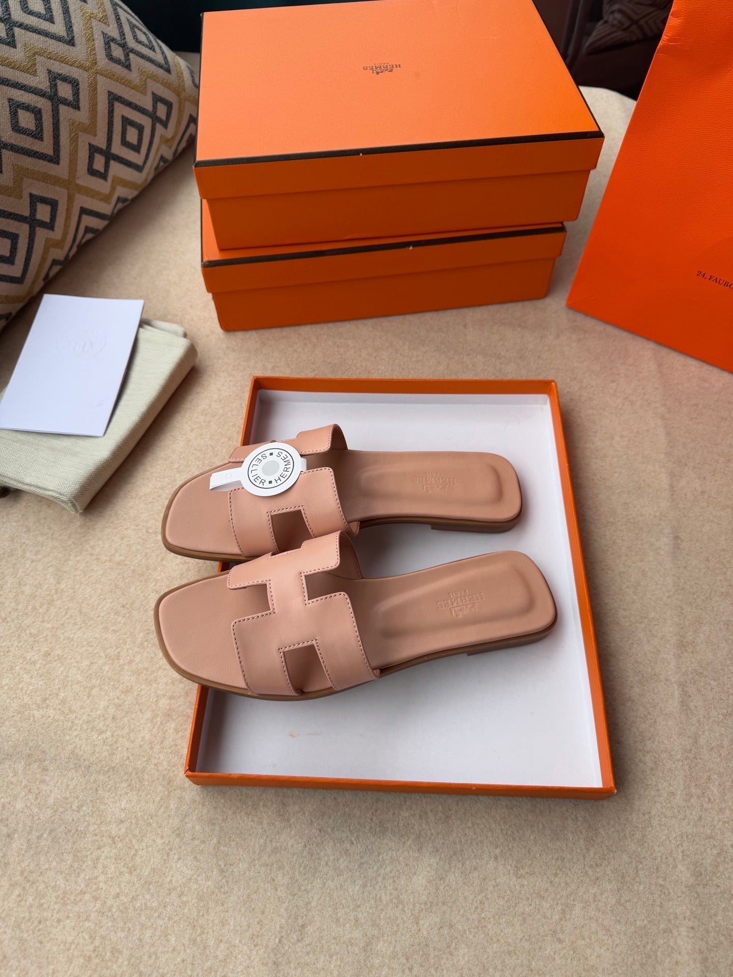HERMES 0RAN SANDALS IN PEACH PINK CALFSKIN