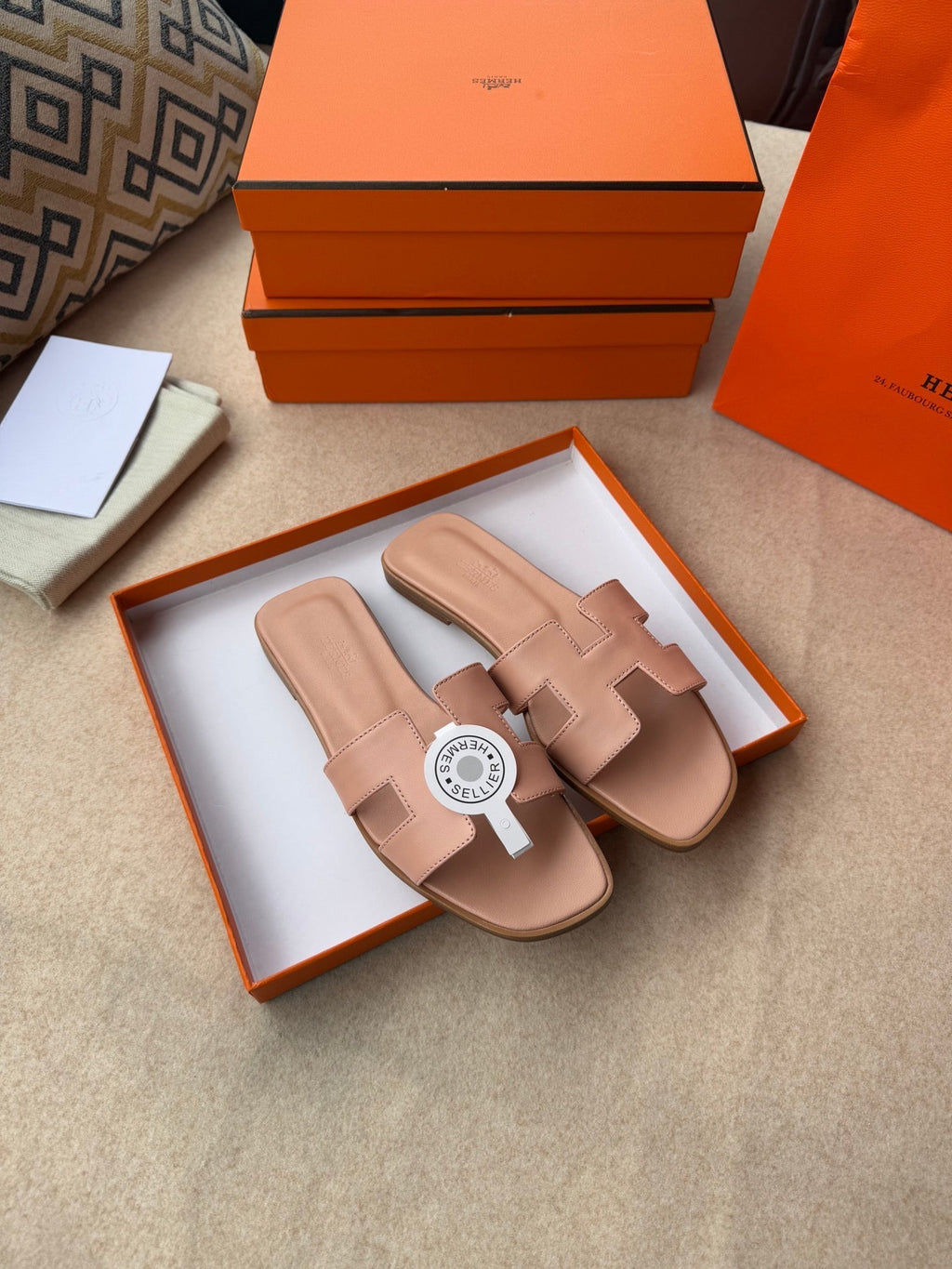HERMES 0RAN SANDALS IN PEACH PINK CALFSKIN