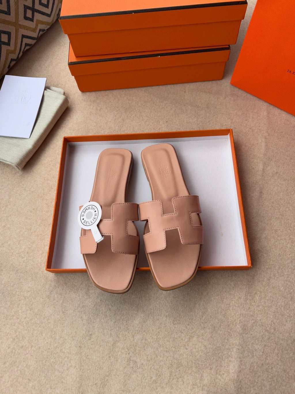 HERMES 0RAN SANDALS IN PEACH PINK CALFSKIN