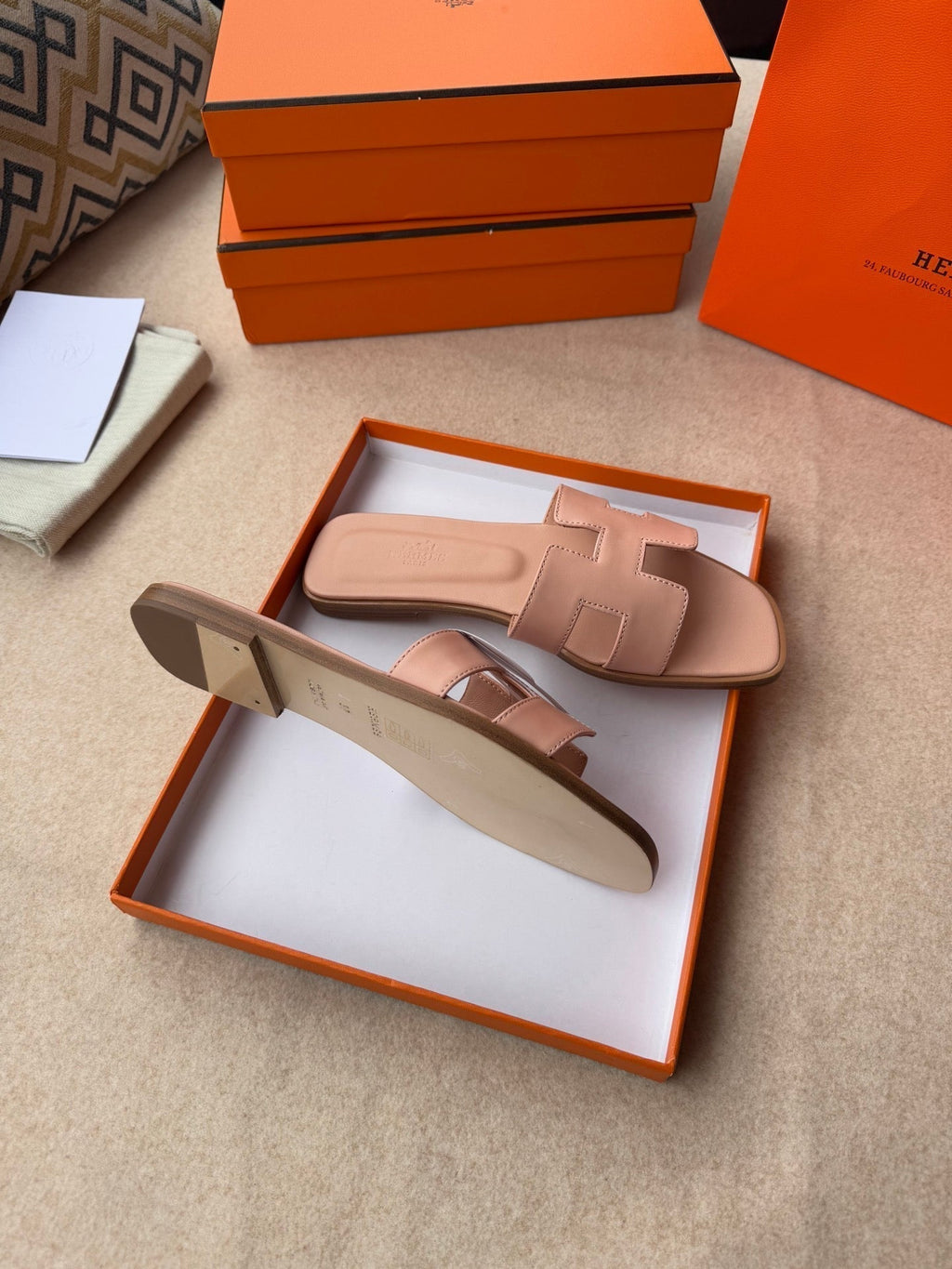 HERMES 0RAN SANDALS IN PEACH PINK CALFSKIN