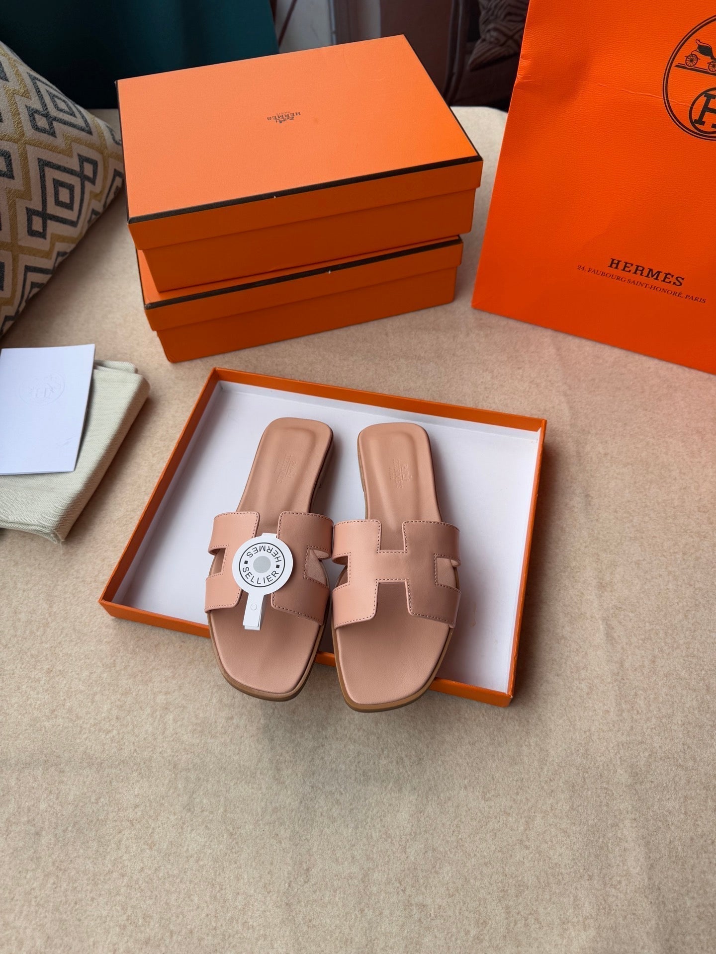 HERMES 0RAN SANDALS IN PEACH PINK CALFSKIN