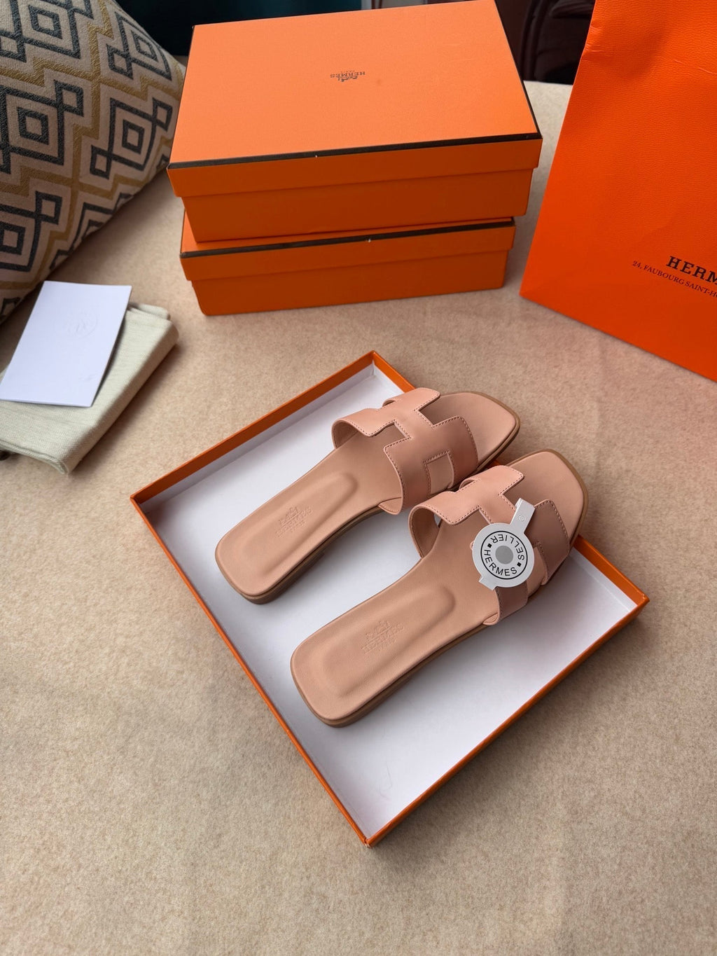 HERMES 0RAN SANDALS IN PEACH PINK CALFSKIN