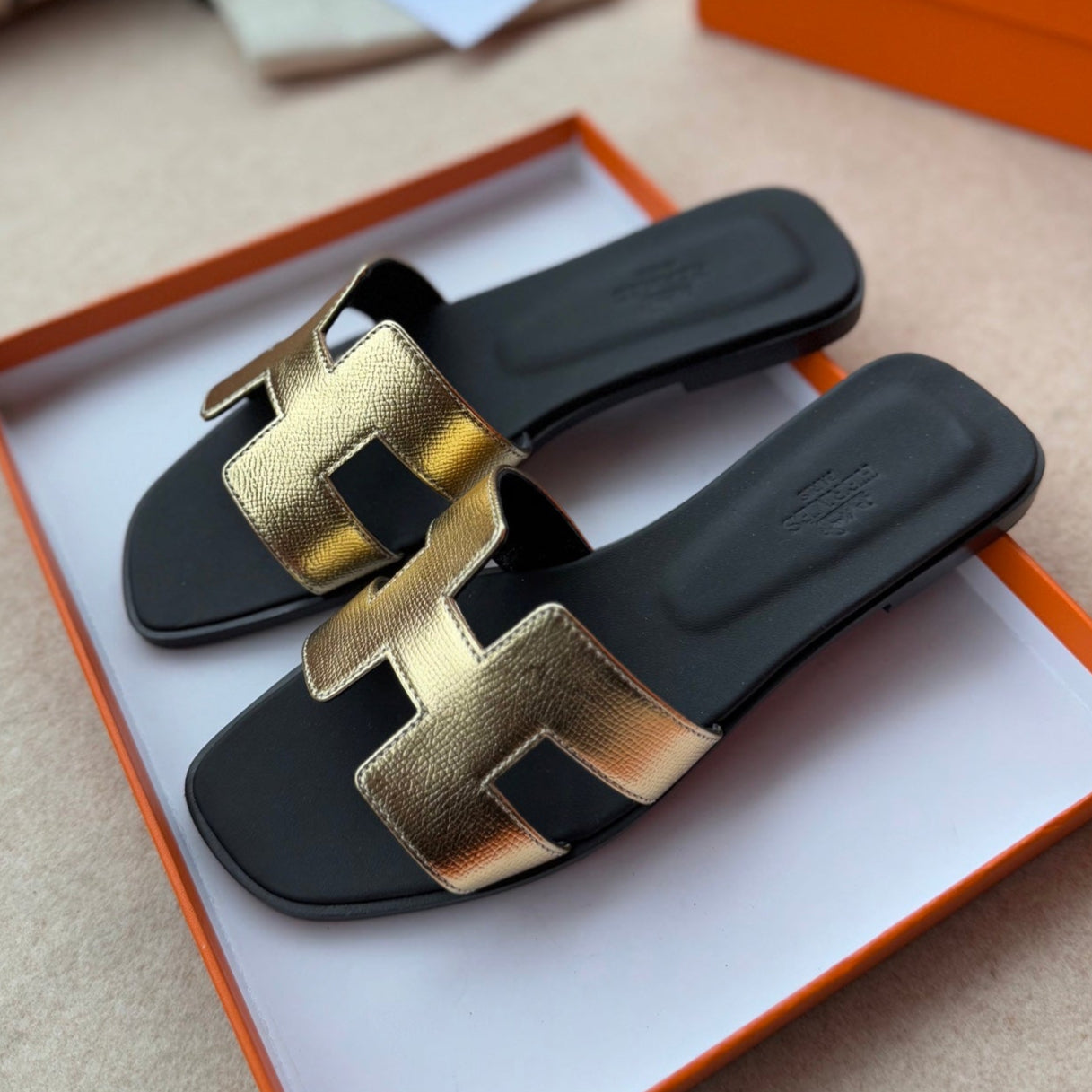 HERMES 0RAN SANDALS IN LIGHT GOLD CALFSKIN