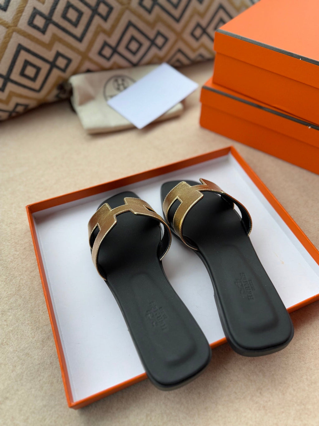 HERMES 0RAN SANDALS IN LIGHT GOLD CALFSKIN