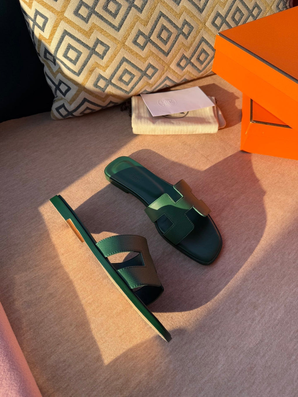 HERMES 0RAN SANDALS IN HUNTER GREEN CALFSKIN