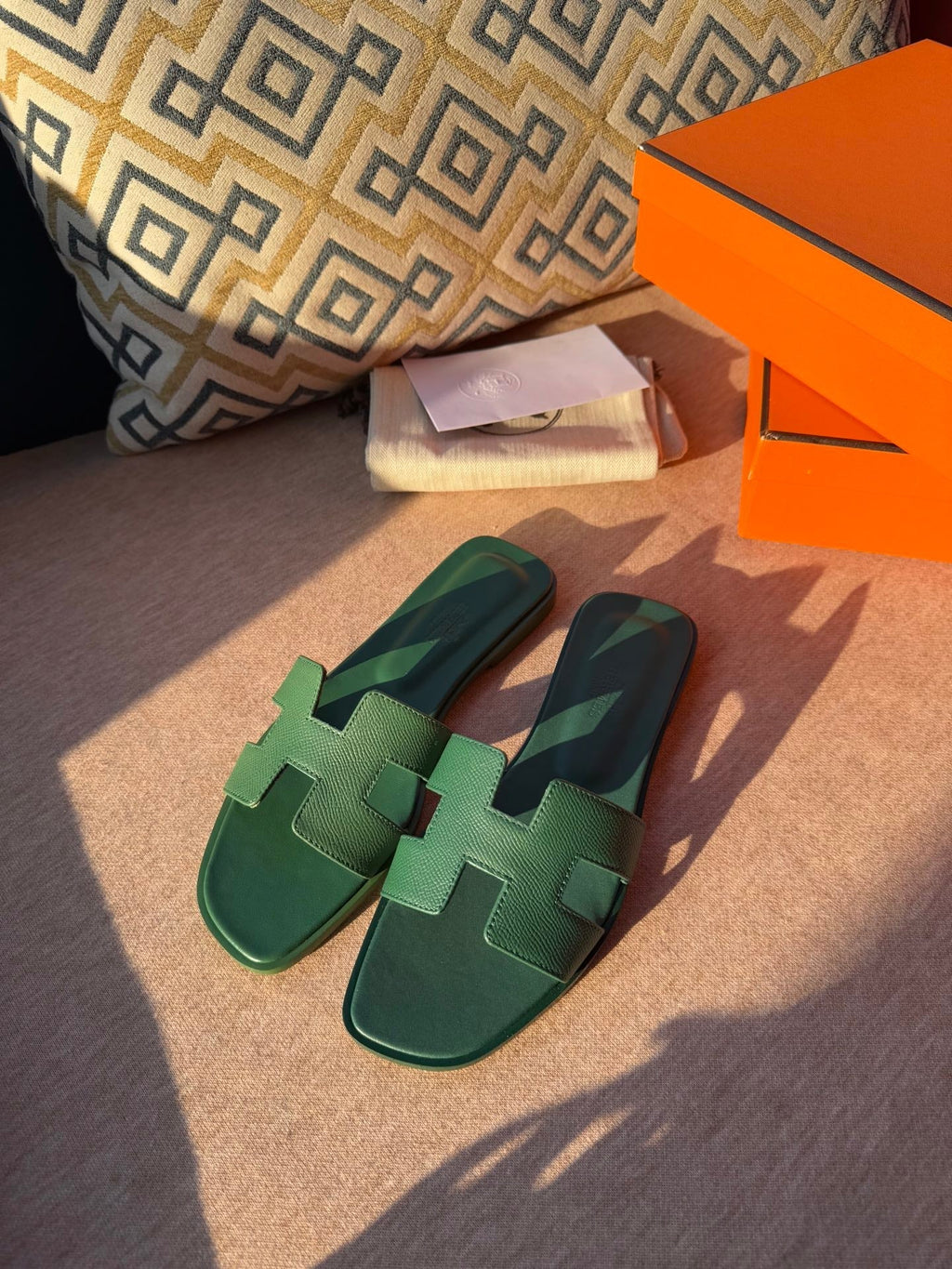 HERMES 0RAN SANDALS IN HUNTER GREEN CALFSKIN