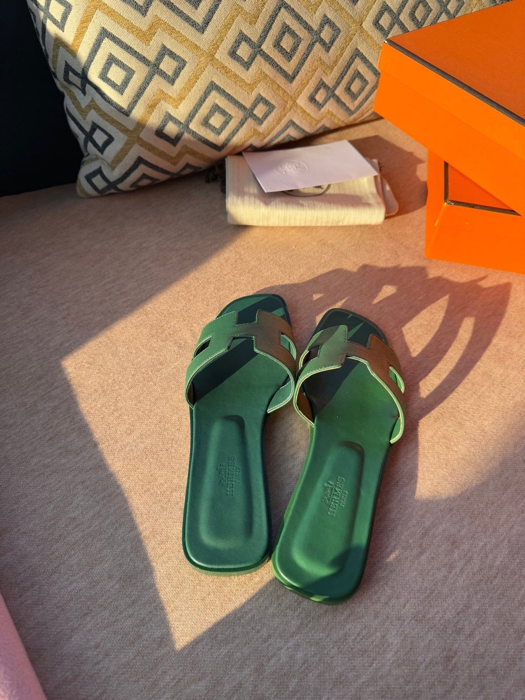 HERMES 0RAN SANDALS IN HUNTER GREEN CALFSKIN