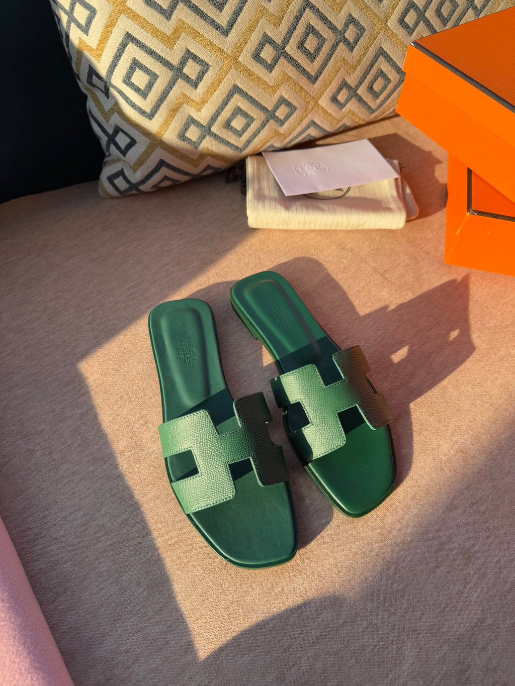 HERMES 0RAN SANDALS IN HUNTER GREEN CALFSKIN