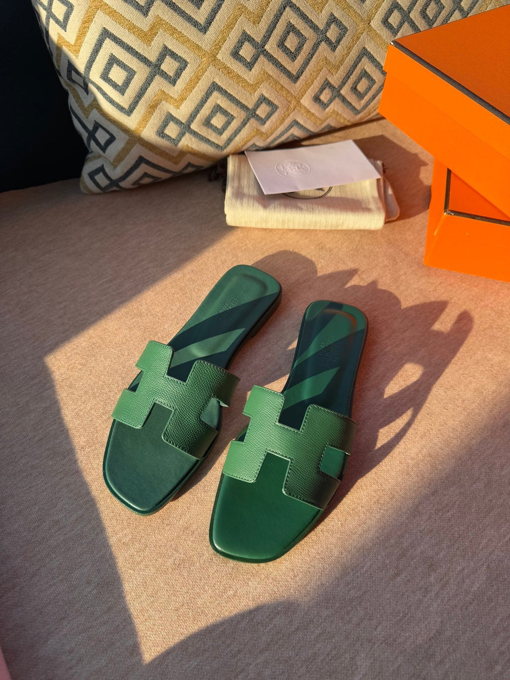 HERMES 0RAN SANDALS IN HUNTER GREEN CALFSKIN