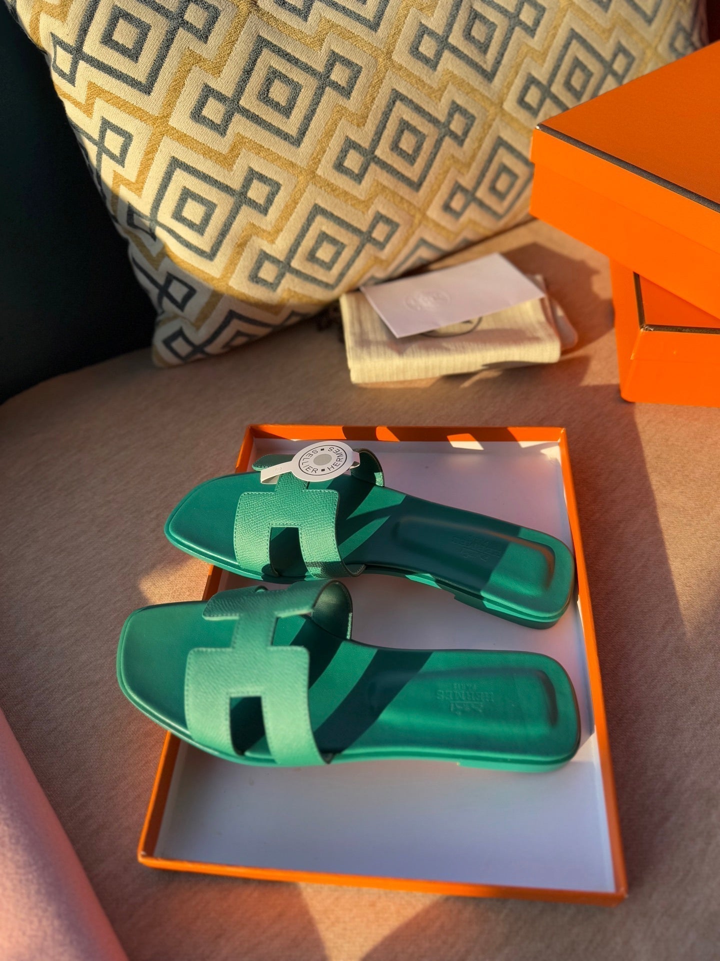 HERMES 0RAN SANDALS IN PERSIAN GREEN CALFSKIN