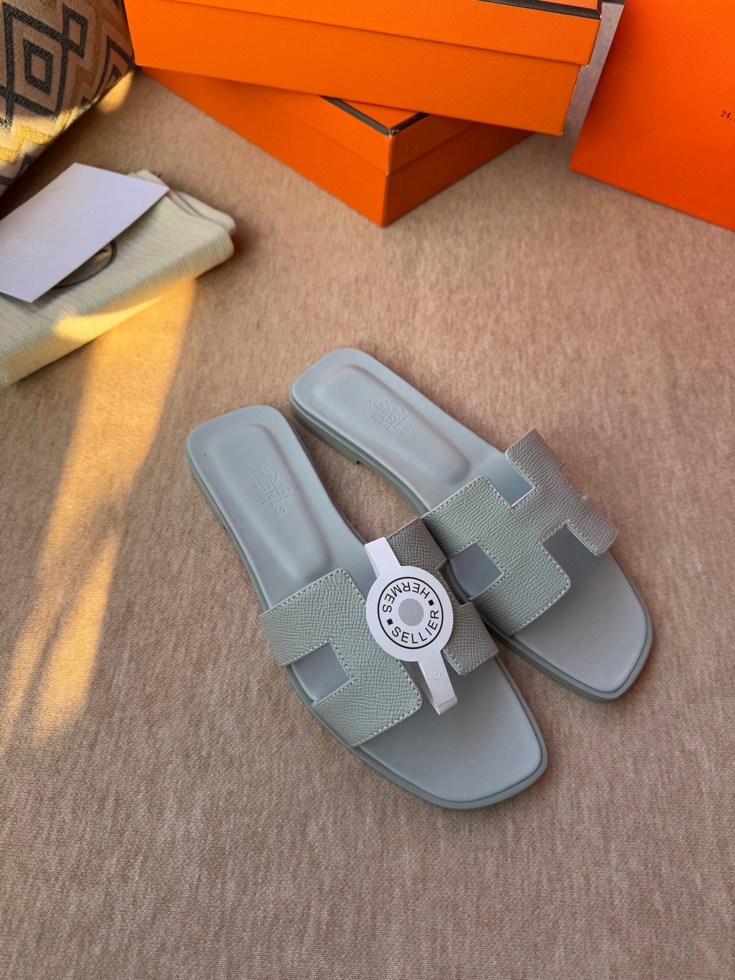 HERMES 0RAN SANDALS IN WARM GRAY CALFSKIN