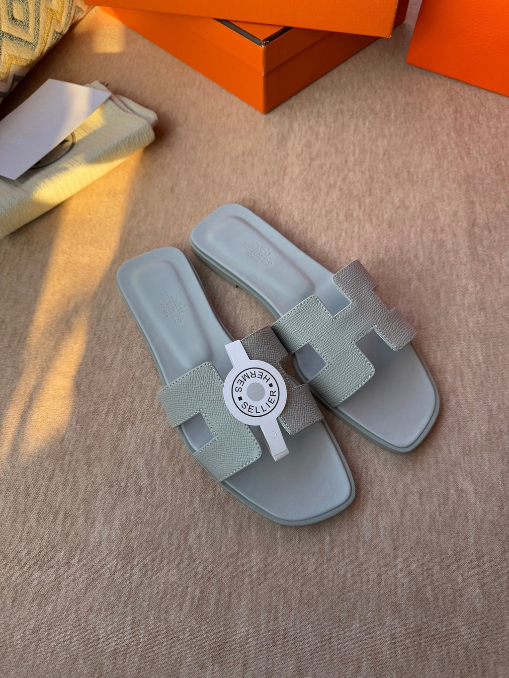 HERMES 0RAN SANDALS IN WARM GRAY CALFSKIN