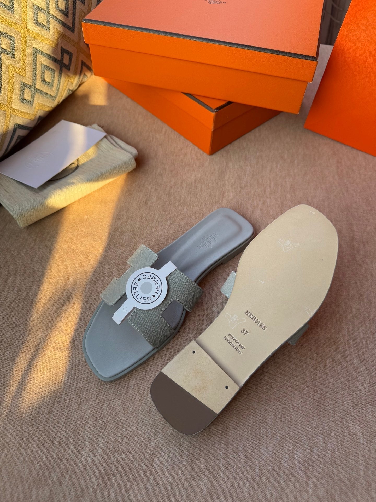 HERMES 0RAN SANDALS IN WARM GRAY CALFSKIN