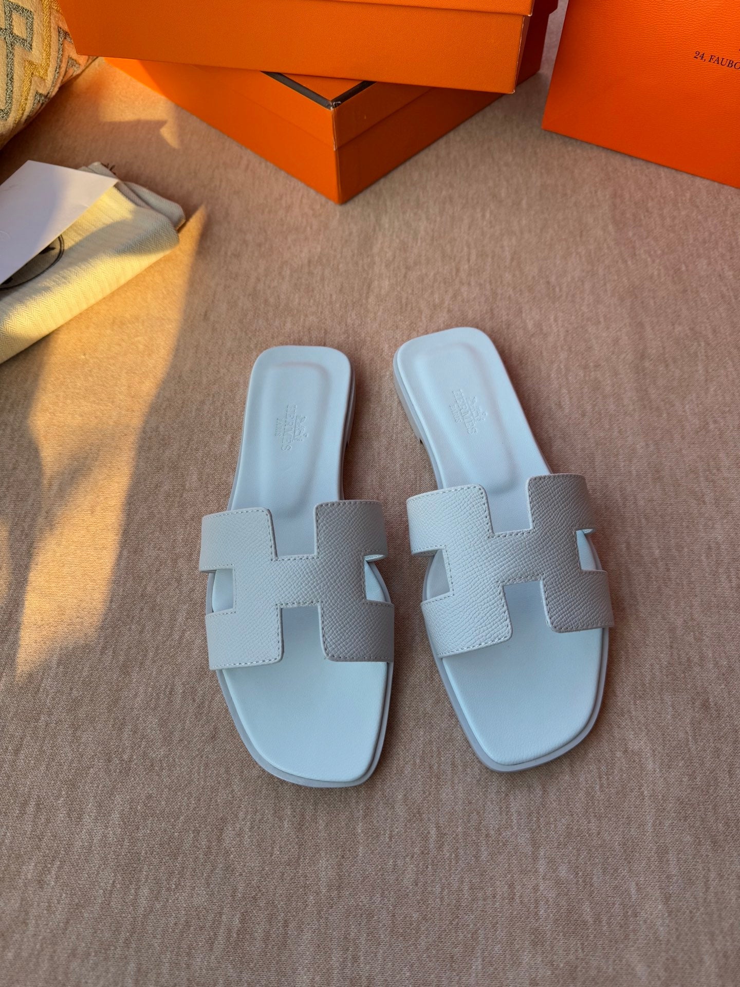 HERMES 0RAN SANDALS IN ICE BLUE CALFSKIN
