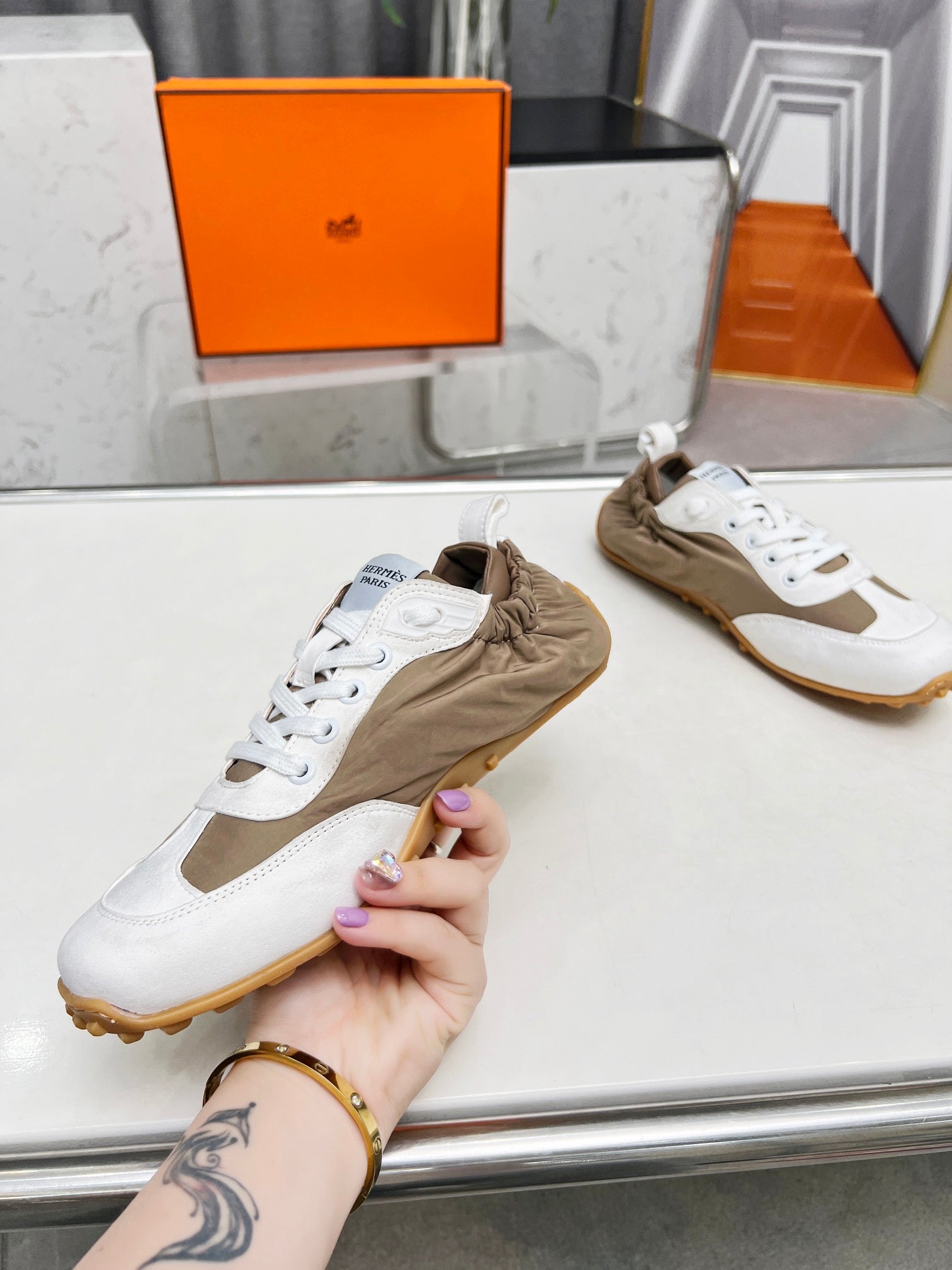 HERMES SKATEBOARD SHOES BROWN MIX WHITE SUEDE