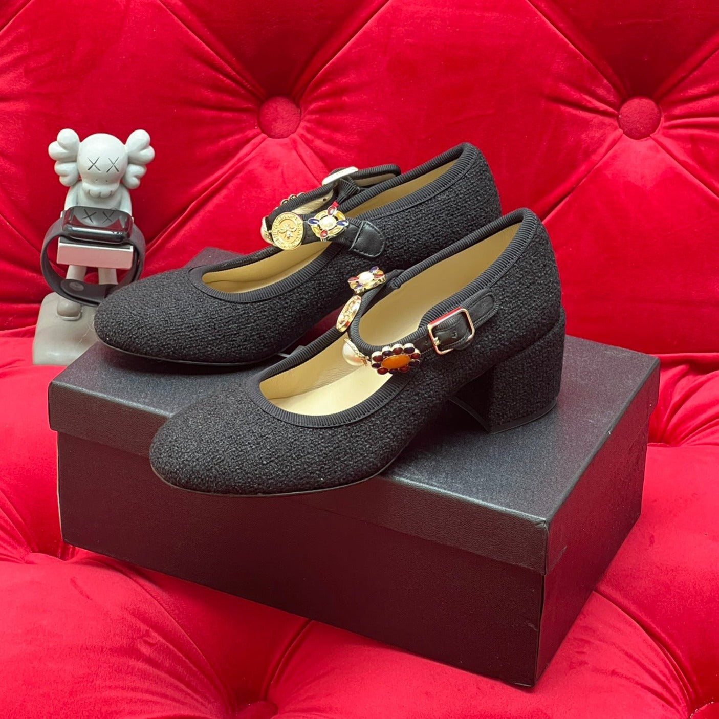 CHANEL HIGH MARY JANE SHOES BLACK WOOL TWEED