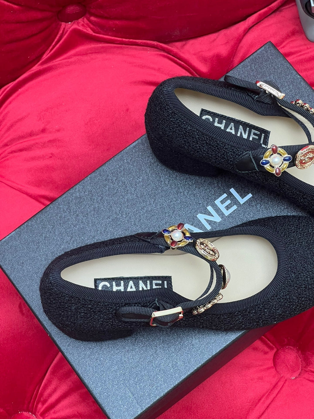 CHANEL HIGH MARY JANE SHOES BLACK WOOL TWEED