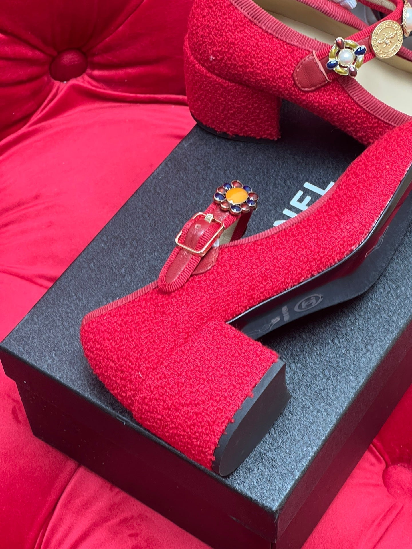 CHANEL HIGH MARY JANE SHOES CHERRY RED WOOL TWEED
