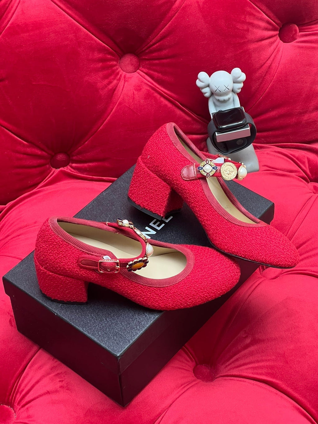 CHANEL HIGH MARY JANE SHOES CHERRY RED WOOL TWEED