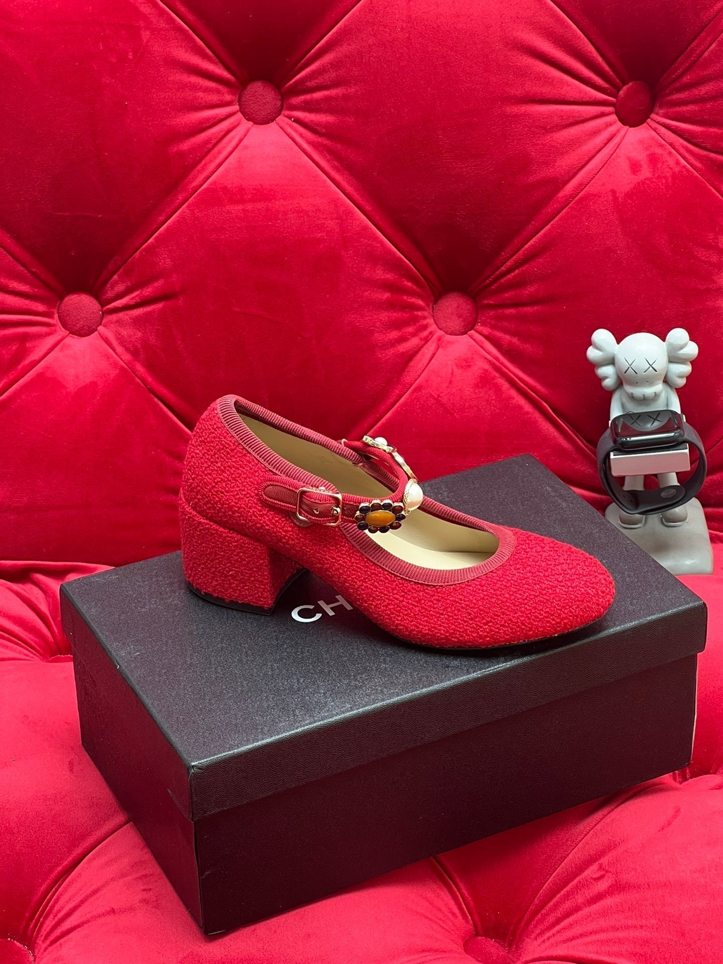 CHANEL HIGH MARY JANE SHOES CHERRY RED WOOL TWEED