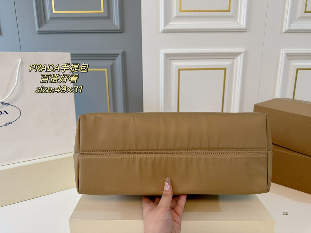 PRADA 49 TOTE BAG IN CAMEL BROWN RE-NYLON