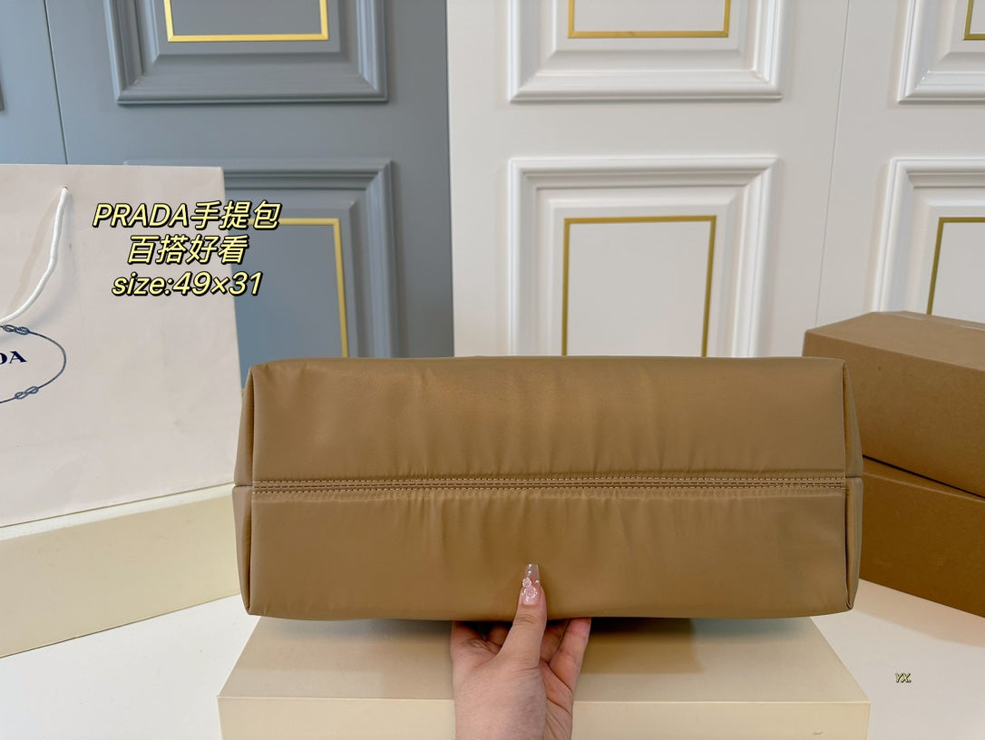 PRADA 49 TOTE BAG IN CAMEL BROWN RE-NYLON