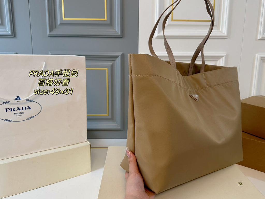 PRADA 49 TOTE BAG IN CAMEL BROWN RE-NYLON