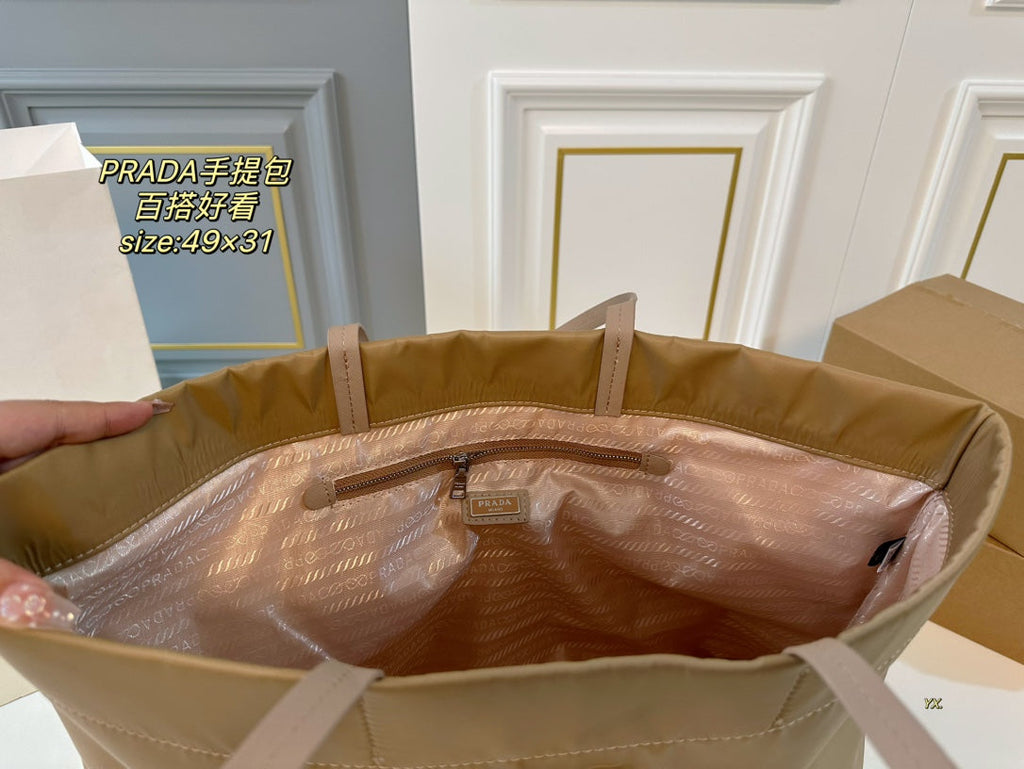 PRADA 49 TOTE BAG IN CAMEL BROWN RE-NYLON