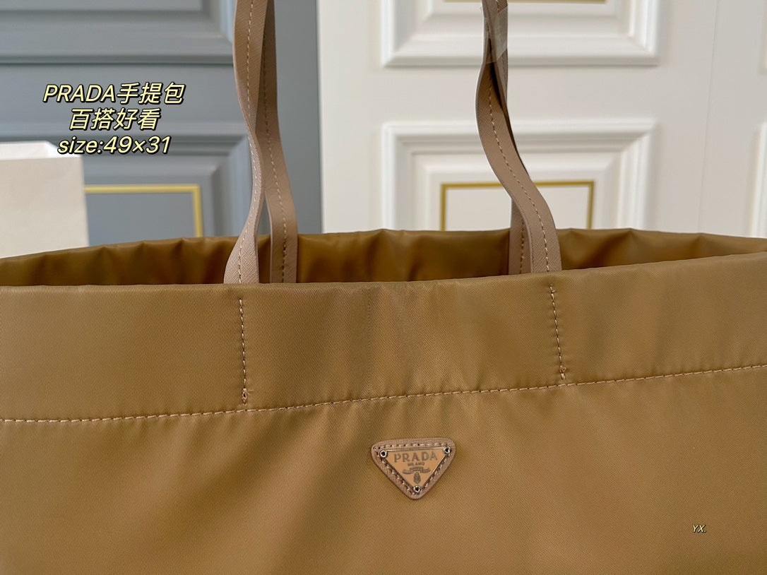PRADA 49 TOTE BAG IN CAMEL BROWN RE-NYLON